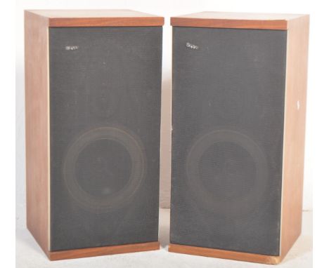 A pair of retro vintage 20th Century Bowers &amp; Wilkins table speakers. With a black mesh front cover, housed in a wooden c