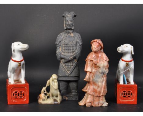 An assortment of 20th century Chinese Oriental decorative china &amp; stone items. The lot to include a pair of ceramic orien