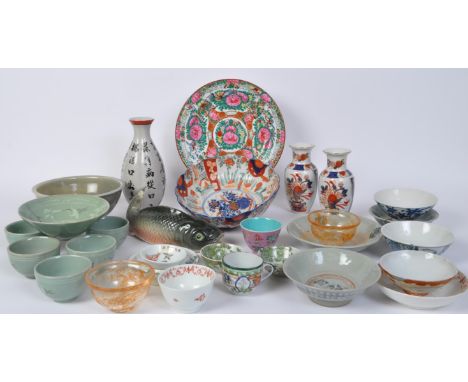 An assortment of 20th century Oriental Chinese &amp; Japanese coloured ceramic &amp; glass items to include vases, bowls, pla