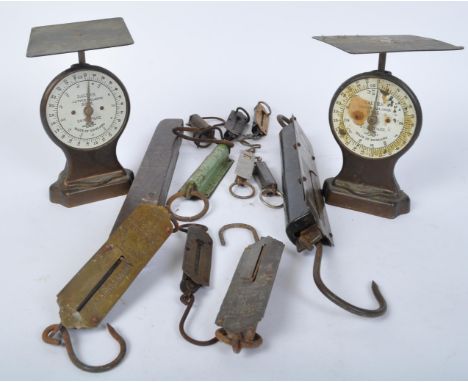 An assortment of retro vintage 20h century post office metal scales to include two Salter letter balance No. 11, class II No.