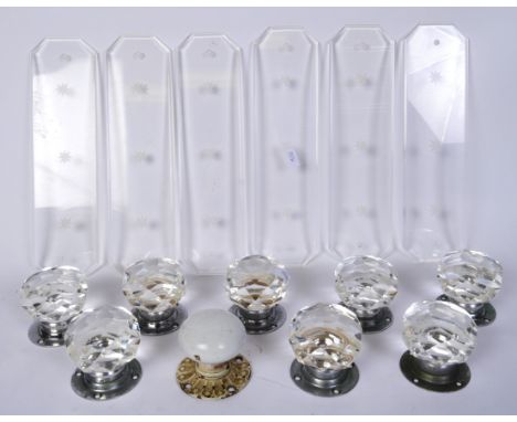 A collection of mid 20th Century retro vintage imitating faceted crystal door knobs and finger plates. With metal fittings, s