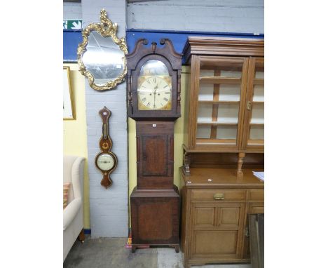 19TH CENTURY MAHOGANY AND OAK LONGCASE CLOCK WITH PAINTED FACE AND EIGHT DAY MOVEMENT A/F