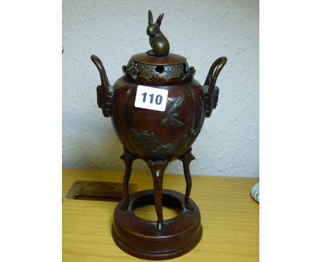 LATE 19TH CENTURY/EARLY 20TH CENTURY JAPANESE BRONZE  RAISED KORO AND COVER WITH HARE FINIAL