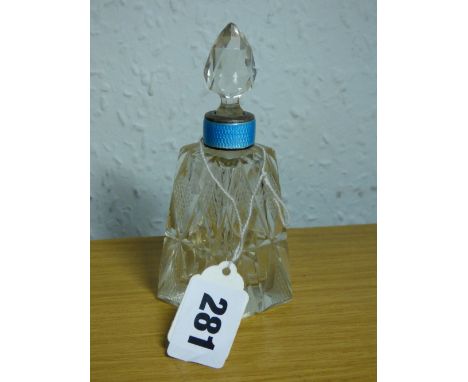 Silver and blue guillioche enamel collared scent bottle (Stopper A/F)