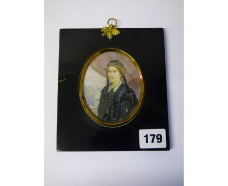 19TH CENTURY OVAL PORTRAIT MINIATURE OF A LADY IN MOURNING  DRESS FRAMED 