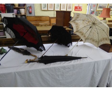 SIX VINTAGE PARASOLS-HORN HANDLE/SILVER COLLARED ,BLACK LINEN AND BRODERIE ANGLAISE FRINGED EXAMPLE,1930S BAKELITE HANDLE PAR