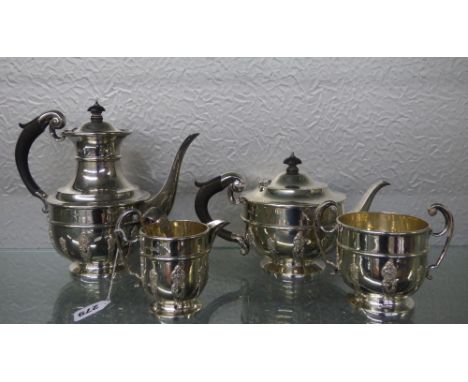 HM SHEFFIELD SILVER 4PC TEA AND COFFEE SERVICE ON TAPERED  BASE WITH CUT CARD SPOON FINIAL DECORATION, TEA AND COFFEE POT WIT