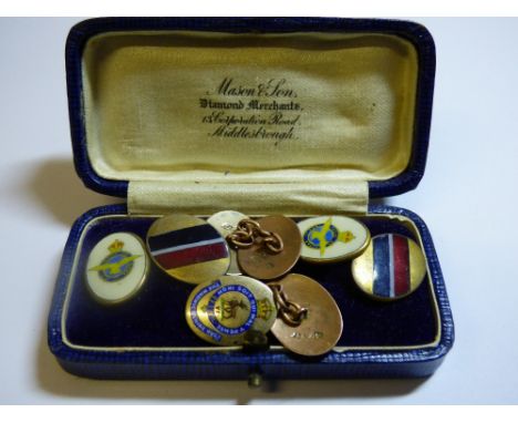 PAIR OF 9CT GOLD AND ENAMEL ROYAL WARWICKSHIRE REGIMENT CUFFLINKS 6.5G APPROX OVERALL AND A PAIR OF BASE METAL AND ENAMEL RAF
