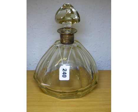 STERLING SILVER COLLARED PANELLED GLASS SHIPS DECANTER WITH STOPPER 23CM HIGH APPROX