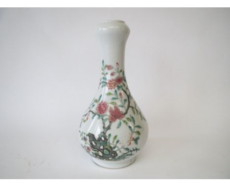 Chinese gourd shaped bottle vase decorated with flowering prunus tree and bats 26cmH Good general condition,  rubbing to some