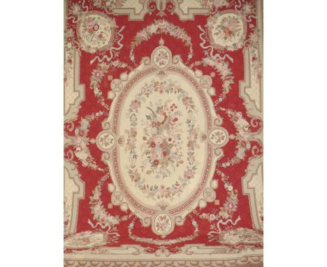 Large Aubusson rug with burgundy and light beige background and floral decoration. L365cm x W256cm In fair condition for age 