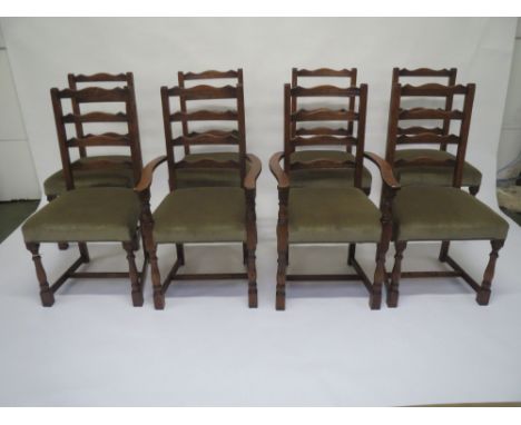 Good set of eight ladder back dining chairs, two with arms Fair to Good condition for age and use, some slight marks