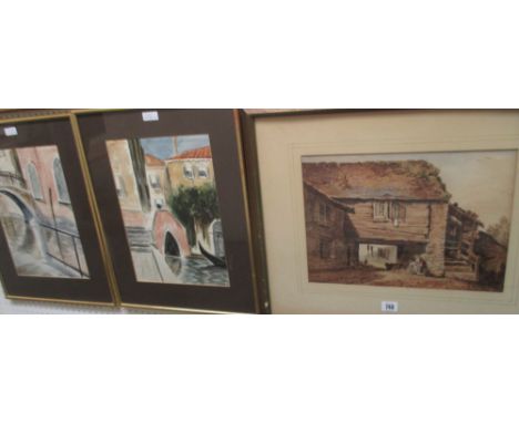 R BURFIELD watercolour 'farmhouse with figures outside', signed lower left, dated 1791. H27cm x W38cm. Framed and glazed and 