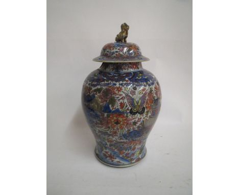 Chinese clobbered lidded vase decorated in the Imari palette, with Dog of Fo finial 44 cm H Finial has been broken and repair