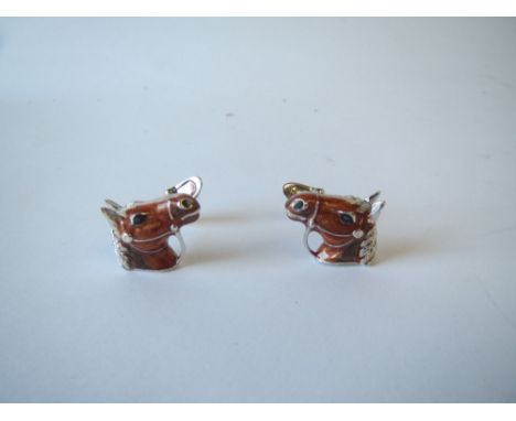 Pair of Gentleman's enamel horse's head white metal cufflinks good condition