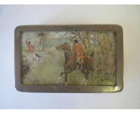 Silverplated Cigarette box, inlaid with glass cover, and behind the glass depicting hunting scene of two  Huntsmen and fox. I