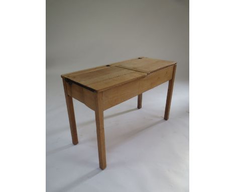 Children's light oak double school desk and two chairs Fair condition , general wear and tear