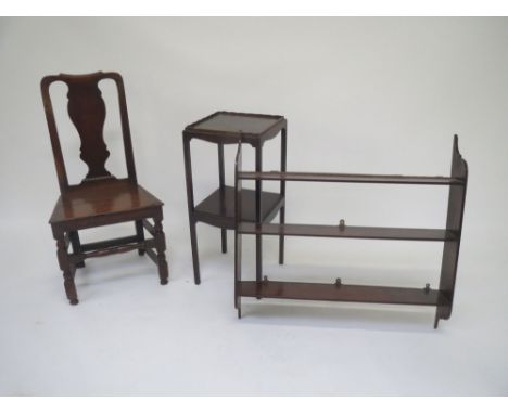 Victorian mahogany two tier table, mahogany wall shelf and oak side chair Marks and scratches to the wood work