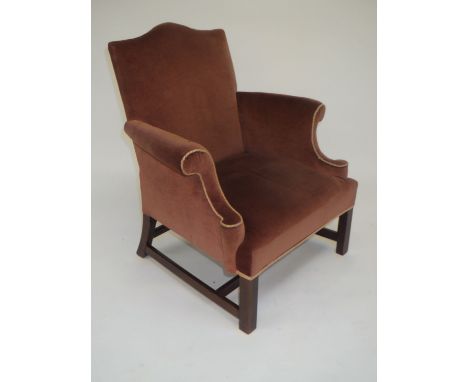 Gainsbrough style arm chair upholstered in light brown draylon fabric Some marks and scratches to the legs