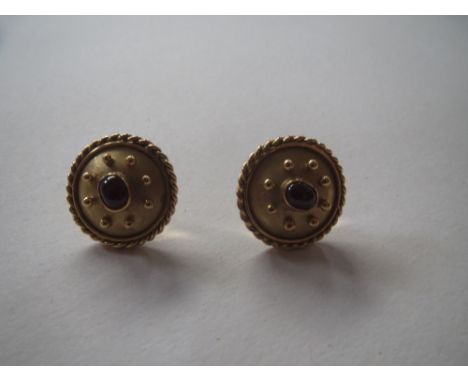 Pair of 9ct gold and garnet cabochon gemset earrings in medieval style  