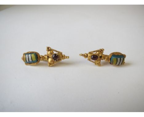 Possibly Pre-Roman fine gold garnet and ceramic earrings good condition