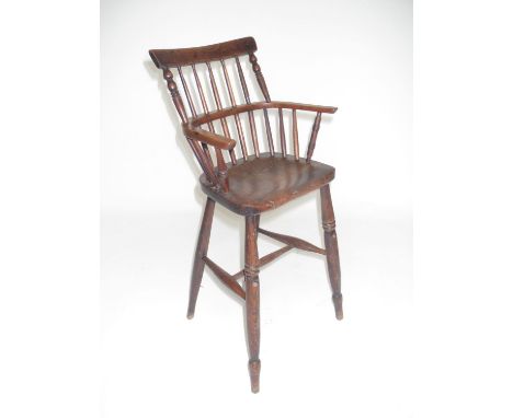 Child's antique elm Windsor comb back high chair Foot rest and rail missing, some marks