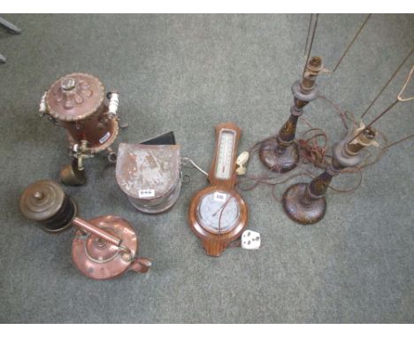 Pair decorative papier mache table lamps, and a modern barometer, ships light, and various copper and brass All well used sho