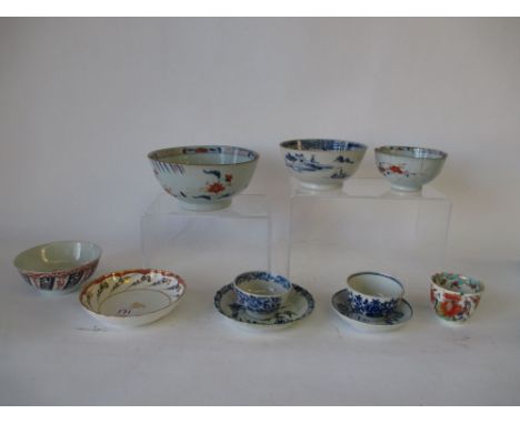 C18th Worcester sugar bowl, saucer, three pieces Caughley blue and white, three Chinese bowls, one C18th Nankin blue & white 