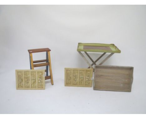Modern decorative butlers tray on stand; and a painted wooden tray, depicting hunting scene, and pair decorative resin plaque