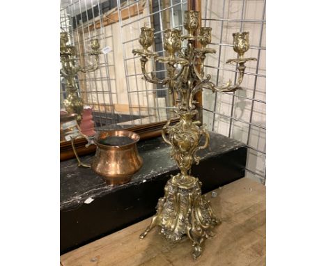 LARGE BRASS 5 BRANCH CANDELABRA WITH A COPPER DRINKING VESSEL WITH EROTIC DEPICTION  