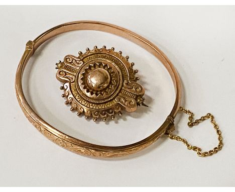 9 CT. GOLD BANGLE &amp; MOURNING BROOCH - BANGLE ALONE 5.8 GRAMS APPROX