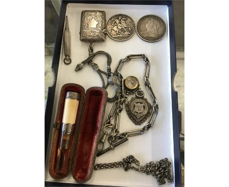  Collection of silver items silver Albert watch chains Victorian crowns etcsilver albertina and vesta case 2 Victorian crowns