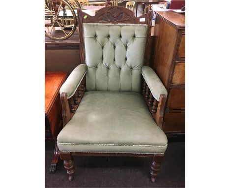 Edwaridian Button Backed Arm Chair, with Turned Supports on Arms
