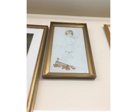  Framed pencil drawing of young girl sweeping up Signed f r Latimer