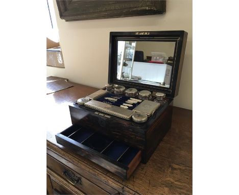 c1870's Coramandle Wood Vanity Box,  item is complete, nice condition, silver plated tops. 