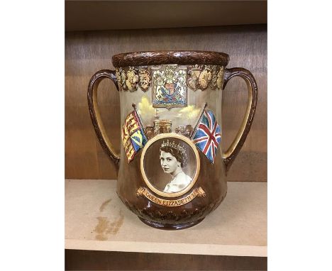 Queen Elizabeth II Coronation Loving Cup.  Royal Doulton loving cup commemorating the 1953 coronation of Queen Elizabeth II. 