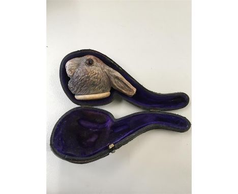 Victorian boxed  meerscaum pipe rabbit head glass eyes missing the stem 