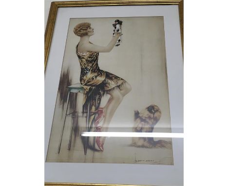 Framed print of art deco lady with the dog