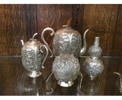 Chinese / Asian Silver Tea service Ornate embossed panels Asian origin not hallmarked but has been acid tested as silver tota