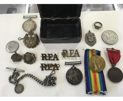  Box of miscellaneous military items including world war one pair of medals silver  Albert Watch chain badges fobs etc Rim of
