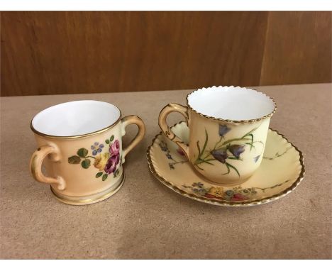 Miniature Royal Worcester three handled mug and cup and saucer good condition 