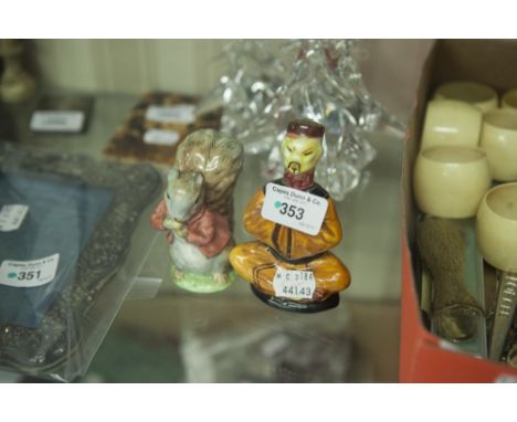 BESWICK 'TIMMY TIPTOES' BEATRIX POTTERY FIGURE, GILT BACK STAMP (CHIPPED EAR), AND A POTTERY FLASK MODELLED AS A SEATED ORIEN