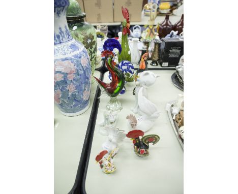 TOM RAYMOND POTTERY MODEL OF A  COCKEREL, SIX OTHER POTTERY AND GLASS MODELS OF COCKERELS INCLUDING A LLADRO EXAMPLE AND THRE