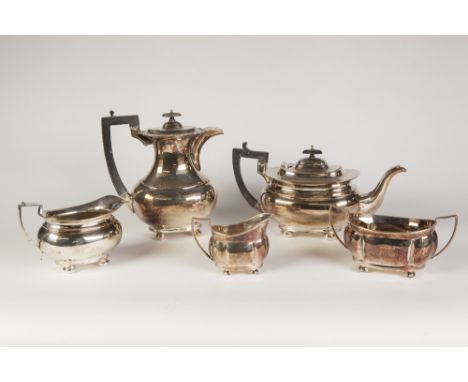 AN INTER-WAR YEARS THREE PIECE ELECTROPLATED TEA SERVICE, TOGETHER WITH A SIMILAR TWO HANDLED SUGAR BASIN AND CREAM JUG 