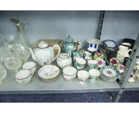 JAPANESE 15 PIECE PORCELAIN COFFEE SET FOR SIX PERSONS, PRINTED WITH ROMANTIC SCENES, AND A JAPANESE PART TEA SET WITH TEAPOT