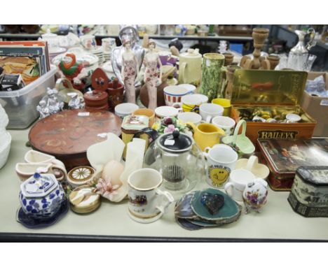 FIVE TIN BOXES, ONE CONTAINING QUANTITY OF SMALL CERAMIC TRINKETS, NORWEGIAN CANDELABRA, BOOKS, VARIOUS CUPS, FIGURES ETC....