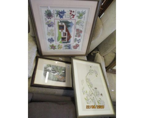 SIGNED LIMITED EDITION PRINT AFTER JAMES SMYTH, NO 33 OF 100, TOGETHER WITH TWO EMBROIDERED PICTURES, LARGEST FRAME SIZE APPR