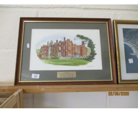 FRAMED PRINT DEPICTING LATIMER HOUSE TOGETHER WITH A MILITARY INTEREST INSCRIPTION, OVERALL SIZE APPROX 52CM
