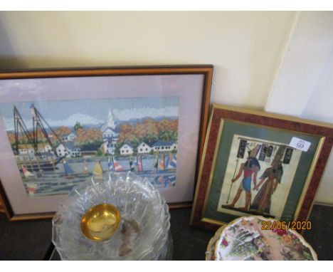 FRAMED EMBROIDERY DEPICTING A HARBOUR SCENE TOGETHER WITH A SMALL FRAMED PRINT, LARGER APPROX 47 X 38CM