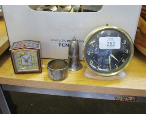 WESTCLOX 1960S ALARM CLOCK TOGETHER WITH A SMALL BAYARD ALARM CLOCK WITH INLAID DECORATION AND A SILVER PLATED NAPKIN RING BE